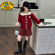 G.duck Girls Autumn and Winter Skirt New Year Suit 2026 New Children's Pleated Skirt Girls Big Children College Style New Year Clothes Suit Rice Sweater + Red Skirt 150 cm
