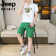 吉普（JEEP）短袖套装男夏季新款潮流休闲时尚男士圆领烫钻t恤休闲两件套 T9909黑色【短袖+短裤】 M 90-110斤