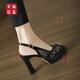 Belle Jiajia Chaussures féminines ~ 10cm Tempérament French High Heel Sandals Lace Mesh Hollow Fish Mouth Chaussures Chaussures de mode à talon épais noir 34