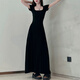 Muni Square Collar Taille Hugging Kleid Französisches Temperament Schwarzes Sommer Ladies Outfit Slim A-Line Long Rock Pendelpendel und ungezwungenes Kleid mit kurzer Ärmeln [Schwarz] Empfohlen 90-120 Jin [Jin ist 0,5 kg]