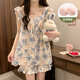 Modal Sweet Style Flower Hosender Pyjamas für Frauen im Sommer mit Brustpadel integriert Crepe Cotton 2025 Neue Mädchen Hauskleidung ME-4131-1-Breast Pad kleine fliegende Hülle Abdeckblaue Blume M 80-100jin [Jin gleich 0,5 kg]