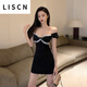 LISCN小黑裙女夏赫本风连衣裙气质小个子蕾丝拼接纯欲v领性感夜店裙子 黑色 L