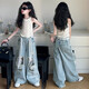 Korean version of lace ripped jeans summer girls suit medium-sized children hollow vest suit 2025 new pants [pants] lace ripped jeans 150 cm