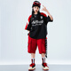 Xinkepaier Children's Street Dance Kostüme für Jungen Hipphop Anzüge Hip Hop Street Modekleidung für Jungen und Mädchen auf der Straßenshow zweiteilige Set = A679 Black Short Sleeves + B383 Rote Shorts 140 Größe Empfohlene Höhe 135 cm
