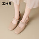 ZHR Mary Jane shoes for women in summer thick heel real cowhide pearl women's shoes temperament versatile single shoes for women AH692 apricot color 35
