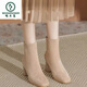 Woodpecker Korean square-toe short boots apricot autumn and winter thick heel plus velvet nude slim small ankle boots suede Martin boots for women 7cm apricot single lining 7cm 37