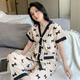 夏天睡衣女短袖长裤薄款开衫空调服宽松大码家居服女士套装可外穿 QDM【Y867-2#】黑色千鸟格 2XL