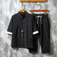 Shikuang Chinese style linen suit men's summer seven-quarter sleeve men's cotton linen Hanfu retro Tang suit Zhongshan suit buckle coat without words black A718 set [Quality assurance] 2XL 145-160Jin [Jin equals 0.5 kg]