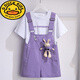 
G.DUCKKIDS children's overalls suit for girls in summer 2024 new fashionable children's summer casual shorts two-piece set Purple rabbit overalls + white T 130