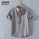 JEEP SPIRIT Henry collar linen short-sleeved shirt men's collarless men's cotton and linen shirt t-shirt top polo shirt summer Chinese style RC210 dark blue M