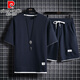 皮尔卡丹（pierre cardin）重磅华夫格短袖T恤男夏季宽松大码运动短裤套装工作服圆领透气潮 829黑色【套装】 M 100-120斤