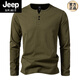 JEEP SPIRIT 300g heavy cotton large size slim henley collar long-sleeved T-shirt men's spring and autumn solid color sports fitness T-shirt military green XL