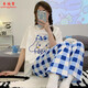 KNFN pajamas for women in 2024 new summer pure cotton short-sleeved trousers thin Korean style loose-fitting home clothing suit 6627 black plaid pants M size 80-100Jin [Jin equals 0.5 kg]