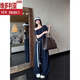 Victoria's style casual suit for women's summer 2025 new style paired with a complete set of navy blue slanted shoulder short-sleeved T-shirt wide-leg pants two-piece set white pants S