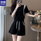 Romon (Romon) modische Sport-Kurzärärmel-Tops für Frauen außerhalb der Schulter für Frauen im Sommer Casual Zweiköpfige modische Fleischabdeckungs Shorts Black [Set] M Empfohlen 80-100 Jin [Jin entspricht 0,5 kg]