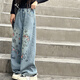 
MOKITOUL girls jeans spring 2025 new straight-leg pants children fashionable and fashionable big children Korean version pants internet celebrity street print jeans cm4 160
