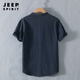 JEEP SPIRIT Henry collar linen short-sleeved shirt men's collarless men's cotton and linen shirt t-shirt top polo shirt summer Chinese style RC210 dark blue M