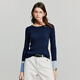 Chuyu Knitwear Women's 2025 Autumn New Contrast Color Splicing Sleeves Slimming Pit Strips Wool Soft Waxy Top Dark Blue L