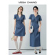 
VEGA CHANG denim dress for women 2025 new summer small V-neck lace lace slim vacation style waist-hugging skirt Bay blue (short style) L