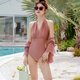 Feifei Yinman sexy bikini one-piece swimsuit for women summer 2025 new slim and gathering hot spring swimsuit 12213 green M [Suggested 90-100Jin [Jin equals 0.5 kg]]