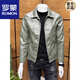 ROMON high-end imitation leather jacket men's lapel spring and autumn short jacket imitation sheepskin motorcycle jacket black regular size M 110Jin Jin is equal to less than 0.5 kg