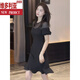 维多利亚的格调法式赫本风黑色网纱拼接连衣裙女夏季2025新款收腰显瘦荷叶边裙子 黑色连衣裙 M (建议101-110斤)