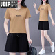 JEEP SPIRIT运动服套装女夏季2025新款宽松大码纯|棉短袖短裤休闲百搭两件套 灰色【舒适纯棉面料】 M (80-95斤)