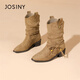 
Zhuoshini short boots for women 2025 autumn new retro beaded Maillard western cowboy boots pointed toe fold pile boots single boots Camel color - single 37