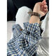 Chemise à plaid bleu rétro veste de protection solaire mince pour les femmes manches longues petites chemises paresseuses printemps et automne haut plaid bleu m