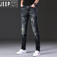 JEEP SPIRIT summer thin ripped jeans for men handsome trendy brand stretch 2025 new slim fit small feet trendy trousers for men 687 black 28