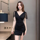Für Zhishu Nightclub KTV sexy Kleid für Frauen Deep V Dress Spa Fußbademassage Techniker Arbeit Kleidung Hip Rock Nachtclub 3882 schwarz + 2xl empfohlen 125-135jin [Jin ist 0,5 kg]