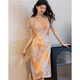 Demana [glossy satin jacquard] summer Chinese style new Chinese cheongsam skirt stand collar shoulder waist-hugging women's dress