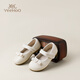 YEEHOO Children's Shoes Girls' Flat Shoes 2025 Autumn New Princess Crystal Soft Sole Shoes Children's Small Leather Shoes Beige Size 23 - Suitable for feet 14.7-15.0cm long