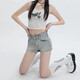 Light blue denim shorts for women in summer new high waist stretch slim fit a-line tight hip hot pants retro blue M