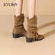 
Zhuoshini short boots for women 2025 autumn new retro beaded Maillard western cowboy boots pointed toe fold pile boots single boots Camel color - single 37