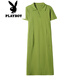 Playboy (Playboy) Polo-Nackenkleid für Frauen, Baumwoll-Sommer-Revers, mittelgroße Länge, lockerer, großer, großer Größe, schlanker und modischer T-Shirt-Rock, grünes 9859 Model S 90-100jin [Jin ist gleich 0,5 kg]