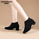 
James Kevin brand pointed toe deep mouth nude boots for women 2024 autumn new thick heel mid-heel matte ankle boots comfortable short boots women's shoes black single layer 35 225mm