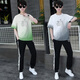 Zhaoxun 12-15-year-old boy T-shirt suit 13 junior high school students short-sleeved T-shirt fat boy handsome summer suit 14 big boys 9226 white and blue (short sleeves + long trousers) S 160 (60-75 Jin [Jin equals 0.5 kg])