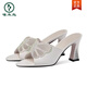 Spechtschuppen für Frauen mit mittleren Absätzen von Frauen Sommer tragen High Heels Halbschuhe für Frauen Sandalen 2025 Neues Strass-Mesh Ein-Haut-Drag A687 Mode Beige 36