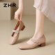 ZHR Mary Jane shoes for women in summer thick heel real cowhide pearl women's shoes temperament versatile single shoes for women AH692 apricot color 35