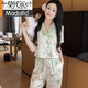 Modal calidad pequeña pijama de estilo fragante para mujeres en seda de verano pantalones cortos pantalones de manga corta habitación acondicionada de aire acondicionado y otoño sweet home talling para mujeres 694 pintura de tinta de mariposa longitud corta l (sugerencia 98-108Jin [Jin equivale a 0.5 kg])