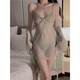 Sexy pyjamas pour femmes suspension Mesque Mesh Nightgown Summer Home Suit Morning Robe grande taille 3883 Green Nightgown + T-Trouders M M