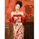 Fu Ling New Chinese Dressing Robe Bridal Luxurious Photography Chinese Engagement Toast Wear One Shoulder Fishtail Wedding Back Door Wear Banquet Burgundy M