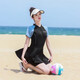 Hot spring swimsuit women's high-end color blocking sports swimsuit body dress style flesh covering to make it look slimming conservative swimsuit wholesale 6187 black gray M L-suggested 155-164c