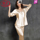Langsha (Langsha) Ice Seiden Nachthemd für Frauen zweiteiliger Set Spitzenkragen sexy Frühlings- und Sommer-Langsamen-Hossed-Seiden-Pyjamas für Frauen langärmelte 9856 hellrosa Set M [80-100jin [Jin gleich 0,5 kg]]