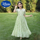 Disney girls' dress summer 2025 new fashionable children's chiffon floral skirt thin children's summer cotton skirt 6630 green + pearl headband Children's Day gift 120 cm