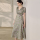 
ROEYSHOUSE ROYE Elegant V-neck Floral Dress for Women 2025 Summer New Fashion Puff Sleeve Waist-Close Mid-Long Skirt 12138 Floral XL