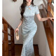 Plain brocade cheongsam new Chinese style high-end 2025 women's dress Chinese style republic of China medium and long engagement dress for women dark pattern jacquard literary cheongsam blue L recommended weight (100-130) Plain brocade cheongsam new Chinese style high-end 2025 women's dress Chinese style republic of China medium and long engagement dress for women dark pattern jacquard literary cheongsam blue L recommended weight (100-130)