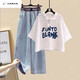 UZSC Summer Clothes 2024 Set für Mädchen im Alter von 15 bis 20 Jahren in der Frauen losen Sommer kurzärmelig T-Shirt + weißer Buchstaben T-Shirt + Buchstabe Taille Wide Leghose 1484# M Empfohlen 95-110jin [Jin gleich 0,5 kg]