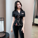 Fußbadetechniker Arbeitskleidung Hose für Sommer dünne High-End-Schönheitssalon Gesundheitsmassage Fußmassage Arbeitskleidung 3271 Schwarz [Mittelarm Top + Hose] S Einsgröße